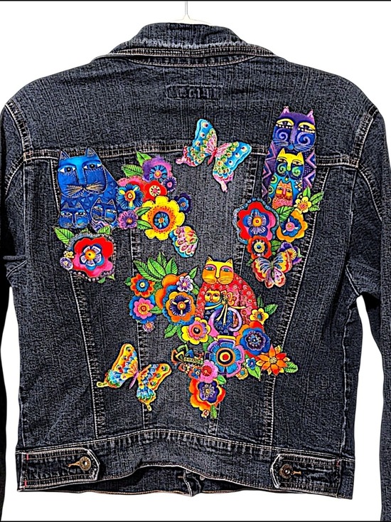 Paris Blues Jackets & Blazers - Paris Blues Denim Jacket Dark Cats Flowers Embroidered